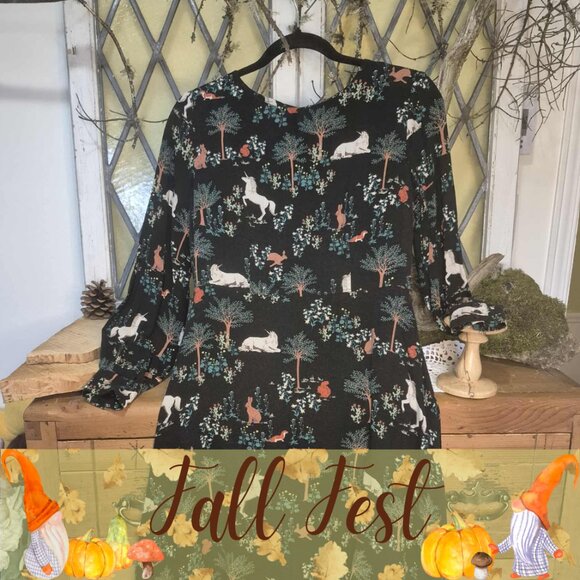 🍂 20% OFF - Magic Forest Long Sleeve Midi Dress Unicorn & Animal Novelty Print - Picture 1 of 11